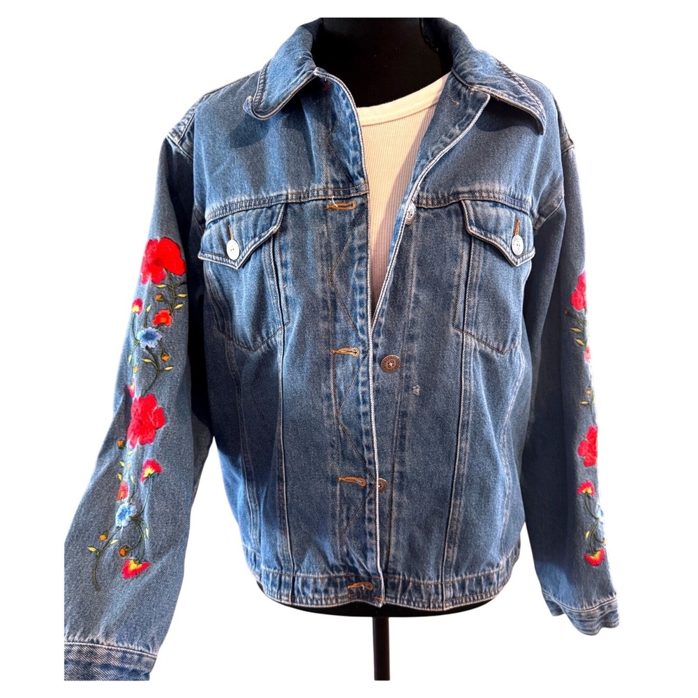 Susan Bristol Floral Embroidered Denim Jacket Women's Medium Boho